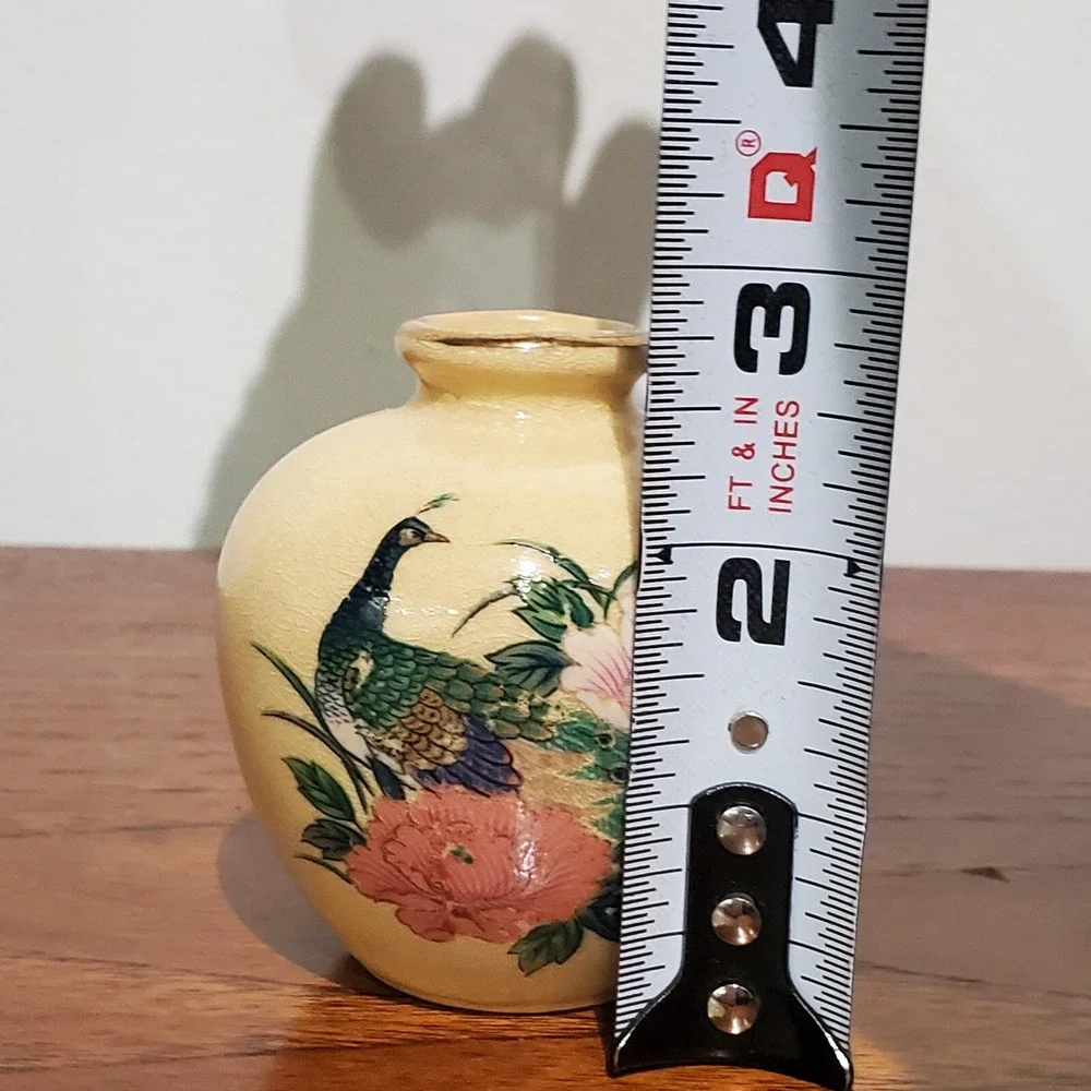 Vintage Oriental Bud Vase With‎ Peacock and Flowers Gold Rimmed Ceramic Glossy